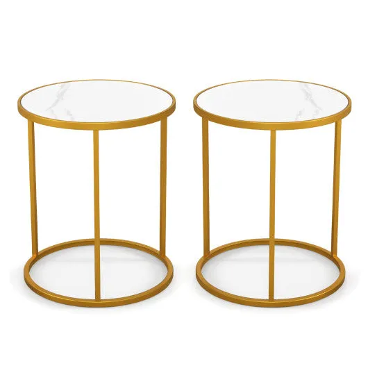 16 Inch Marble Top Round Side Table with Golden Metal Frame for Living Room Bedroom-Set of 2