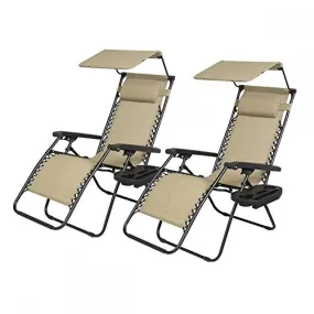 2 PCS Zero Gravity Chair Lounge Patio Chairs with Canopy Cup Holder