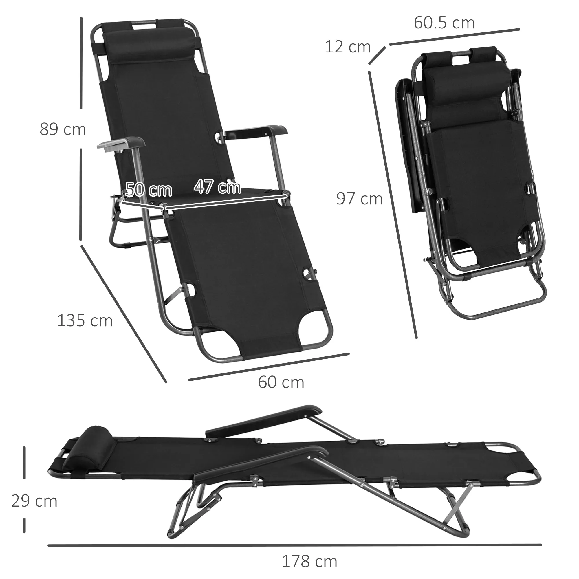 2-Piece Foldable Sun Loungers with Adjustable Back Outdoor Reclining Garden Chairs with Pillow and Armrests Black