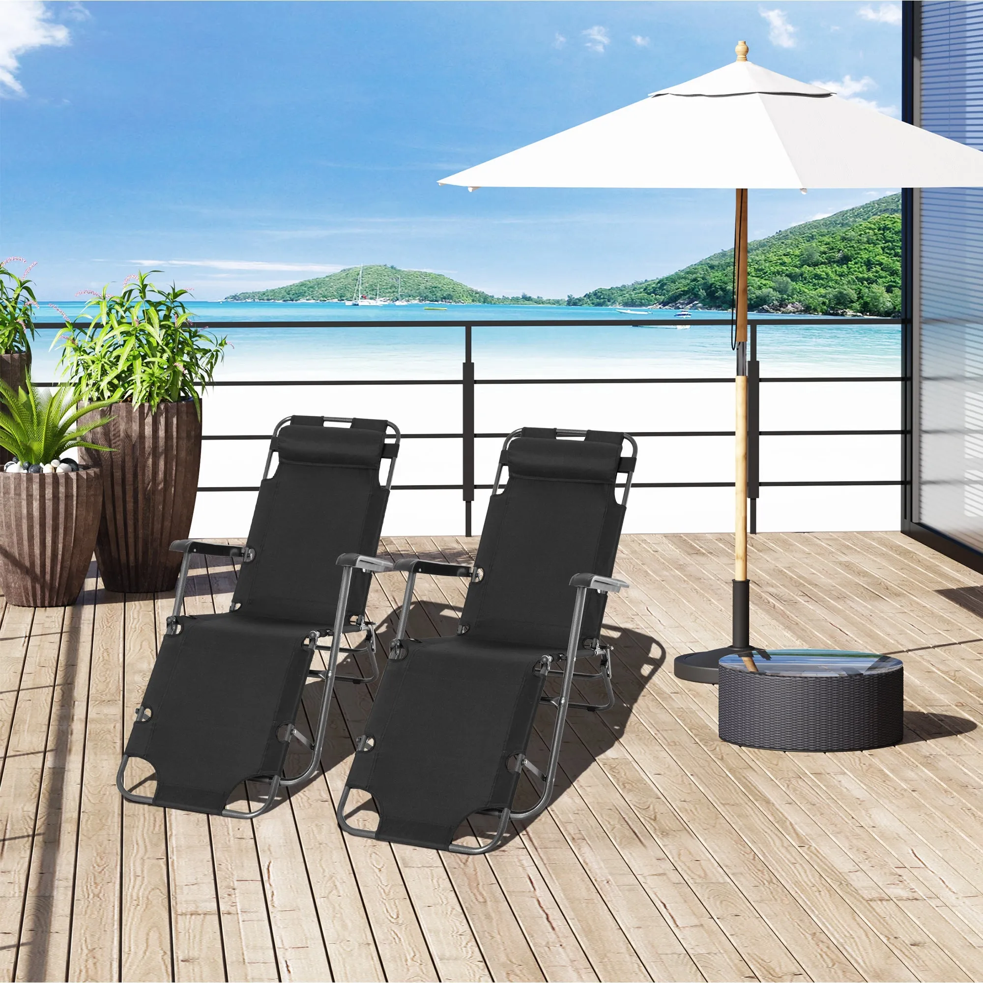 2-Piece Foldable Sun Loungers with Adjustable Back Outdoor Reclining Garden Chairs with Pillow and Armrests Black