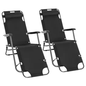 2-Piece Foldable Sun Loungers with Adjustable Back Outdoor Reclining Garden Chairs with Pillow and Armrests Black