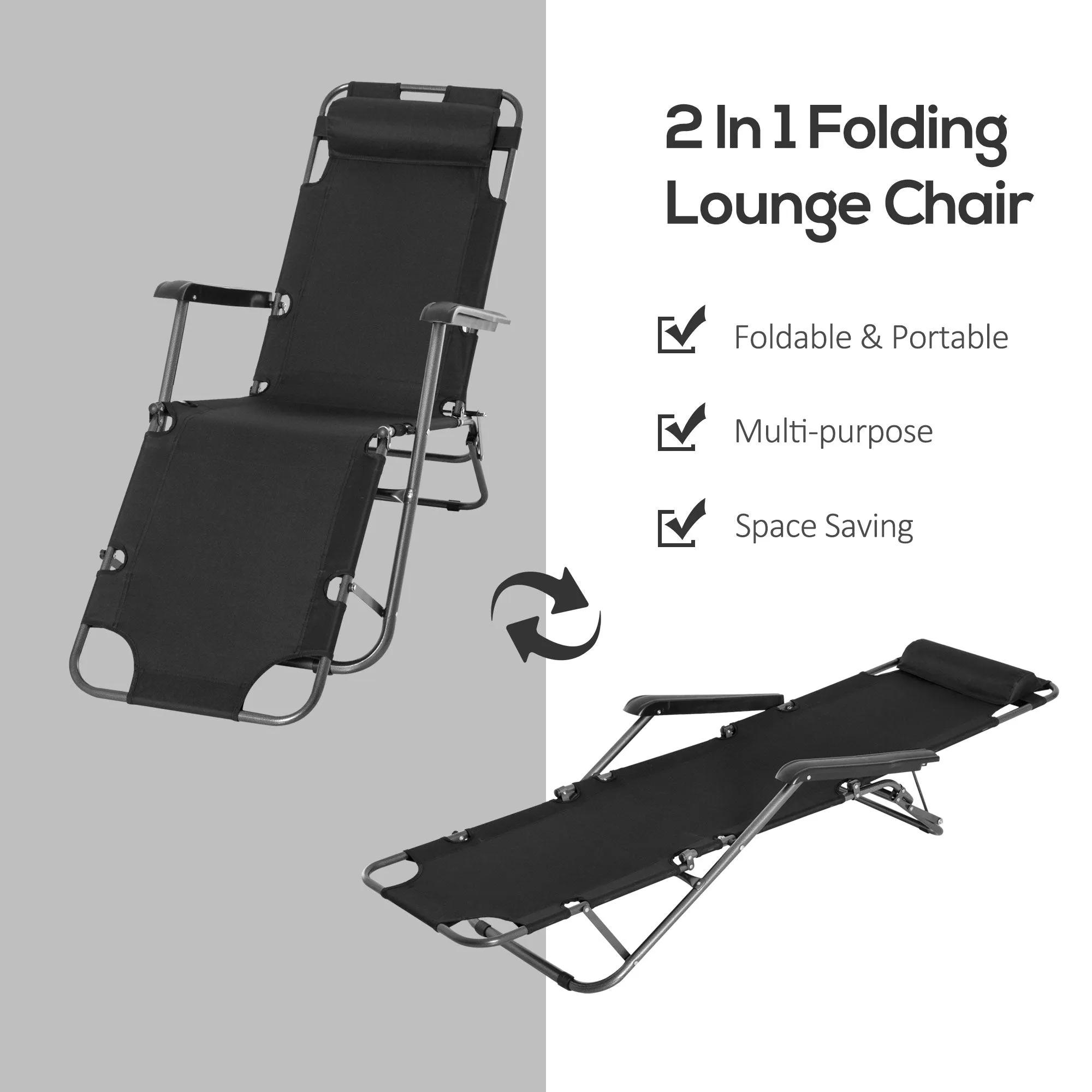 2-Piece Foldable Sun Loungers with Adjustable Back Outdoor Reclining Garden Chairs with Pillow and Armrests Black