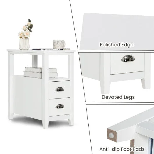 2 Pieces Wooden Bed-side Nightstand Set with 2 Drawers-White