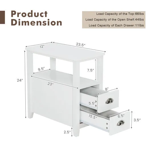 2 Pieces Wooden Bed-side Nightstand Set with 2 Drawers-White