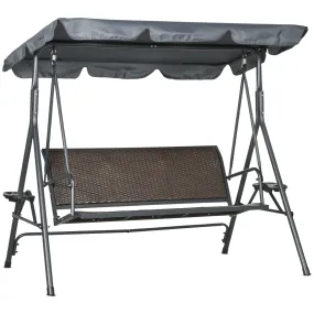 3 Seater Swing Chair Garden Swing Seat Bench with Adjustable Canopy Rattan Seat and Steel Frame for Patio Yard