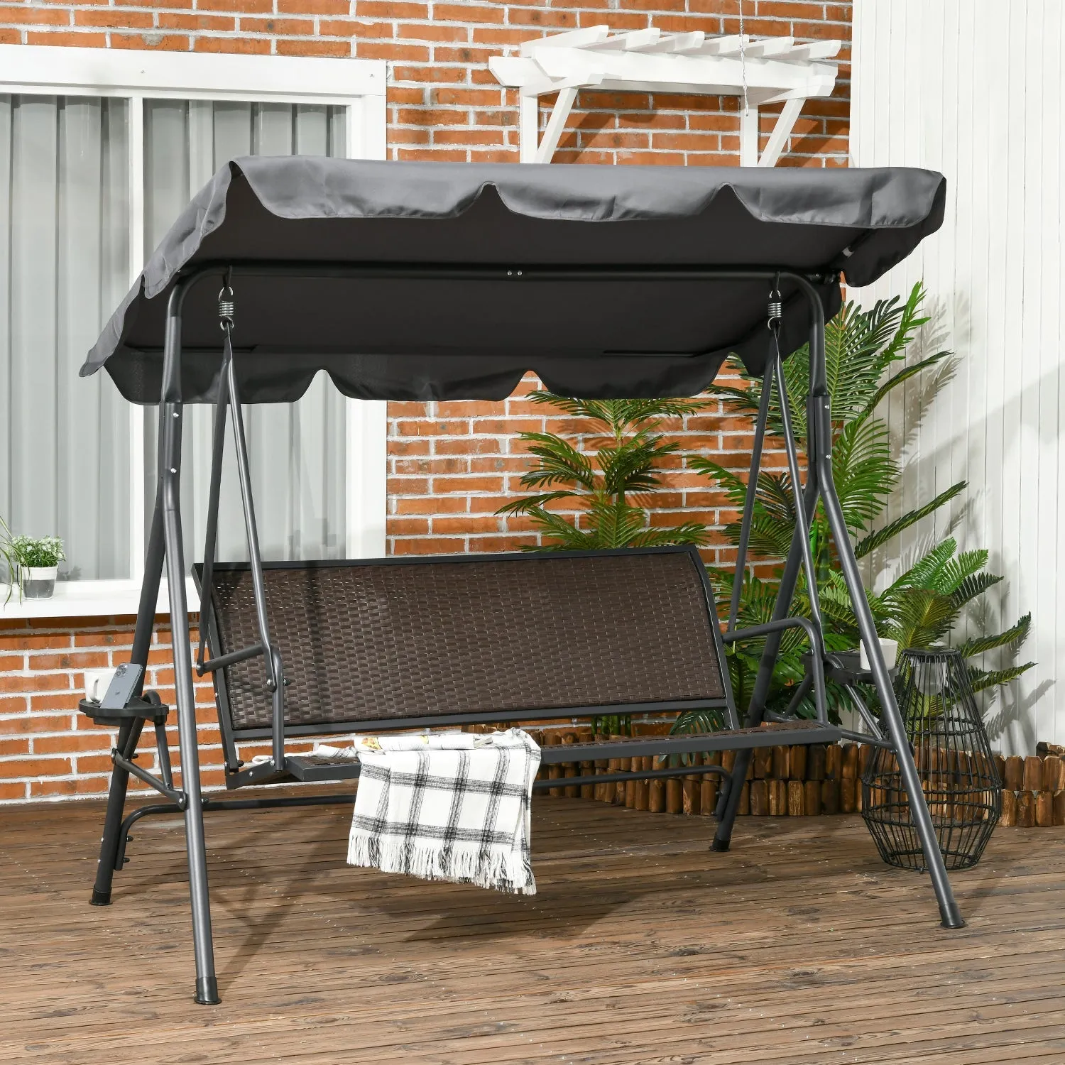 3 Seater Swing Chair Garden Swing Seat Bench with Adjustable Canopy Rattan Seat and Steel Frame for Patio Yard