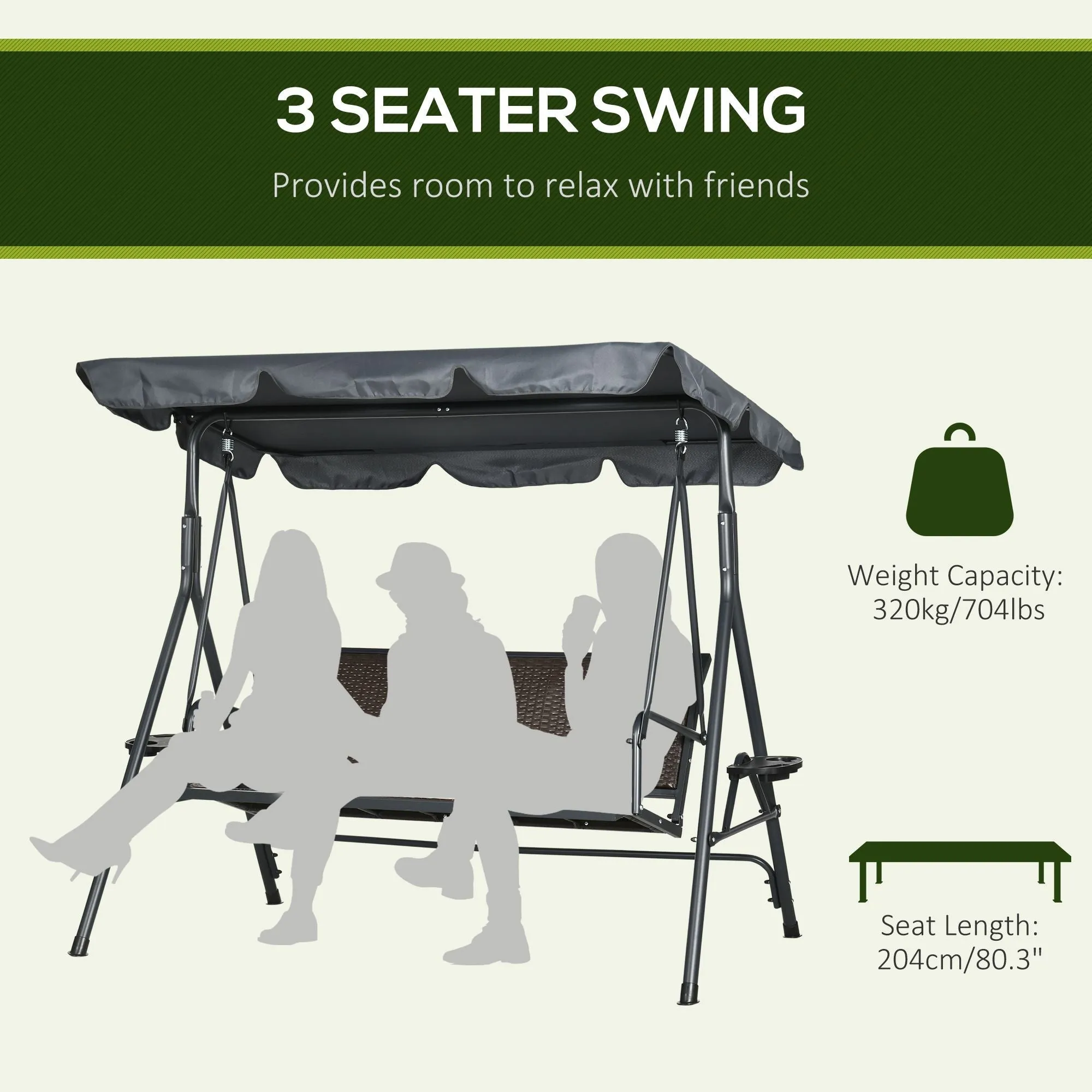 3 Seater Swing Chair Garden Swing Seat Bench with Adjustable Canopy Rattan Seat and Steel Frame for Patio Yard