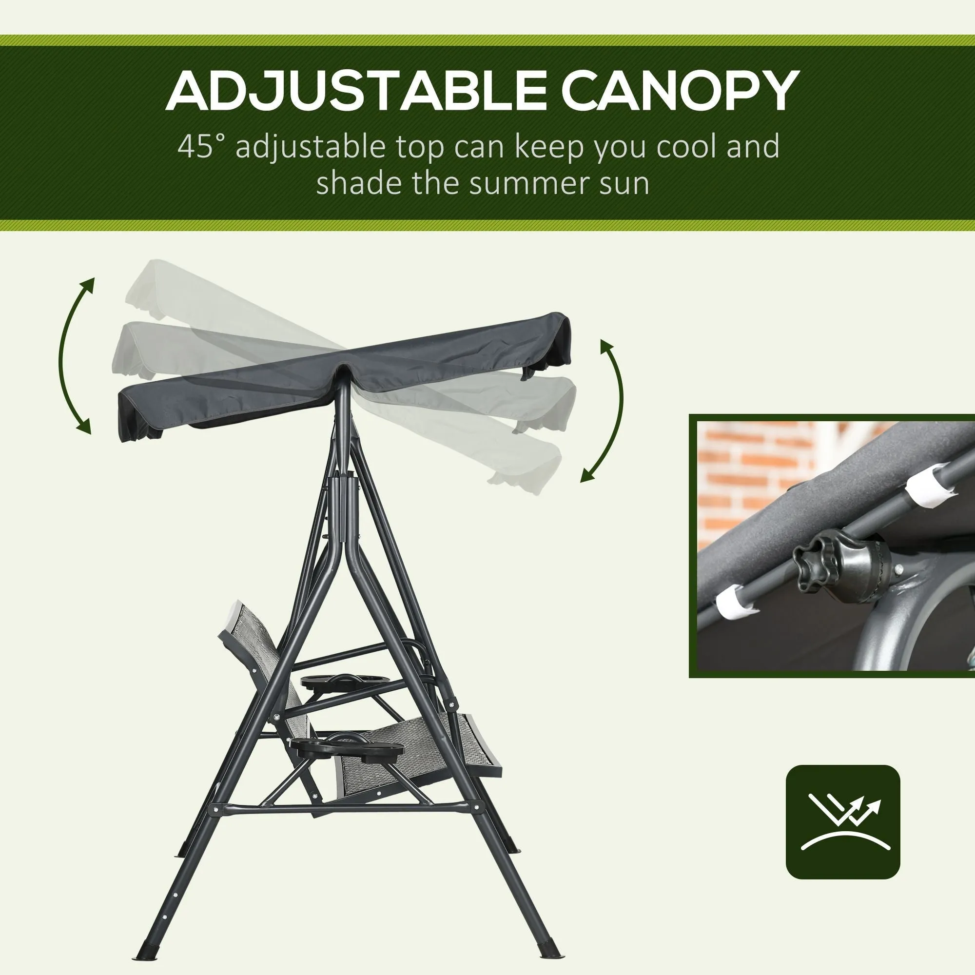 3 Seater Swing Chair Garden Swing Seat Bench with Adjustable Canopy Rattan Seat and Steel Frame for Patio Yard