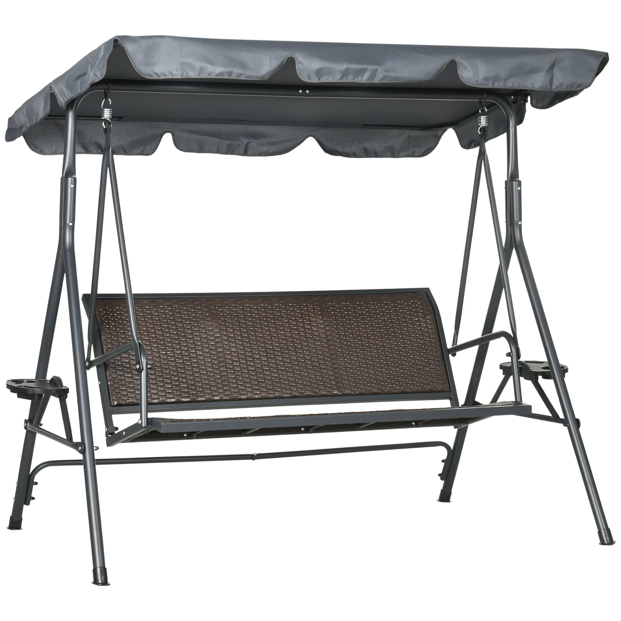 3 Seater Swing Chair Garden Swing Seat Bench with Adjustable Canopy Rattan Seat and Steel Frame for Patio Yard
