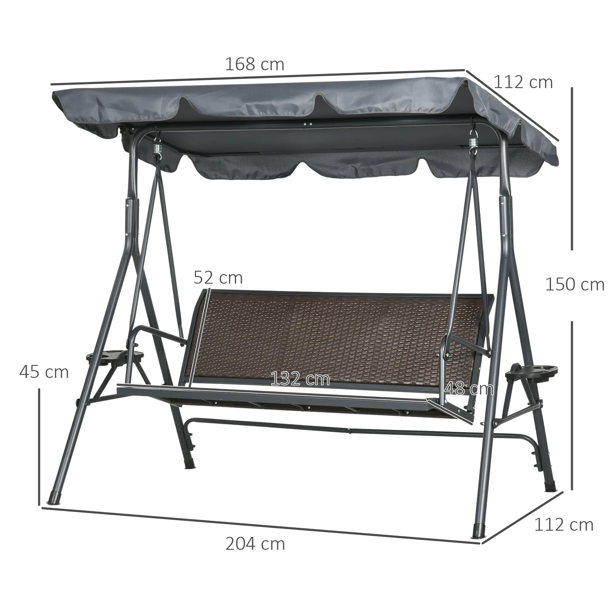 3 Seater Swing Chair Garden Swing Seat Bench with Adjustable Canopy Rattan Seat and Steel Frame for Patio Yard