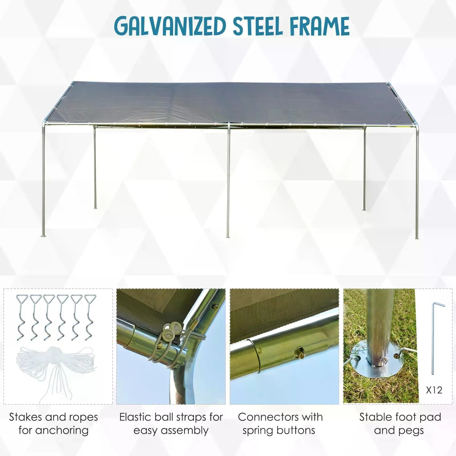 3 x 6m Heavy Duty Carport Garage Car Shelter Galvanized Steel Outdoor Open Canopy Tent Water UV Resistant Waterproof Grey