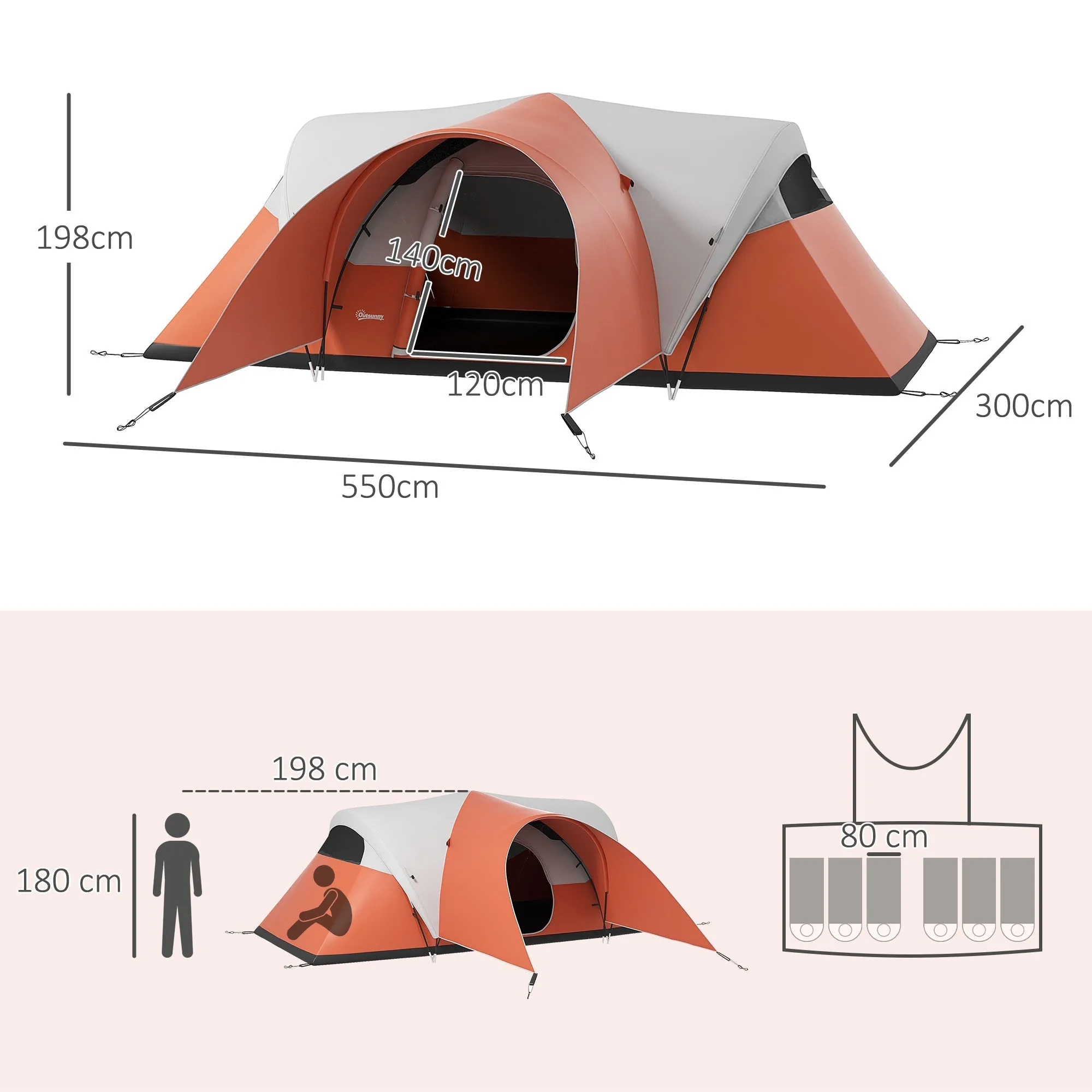 3000mm Waterproof Camping Tent for 5-6 Man Family Tent with Porch and Sewn in Groundsheet Portable with Bag Orange
