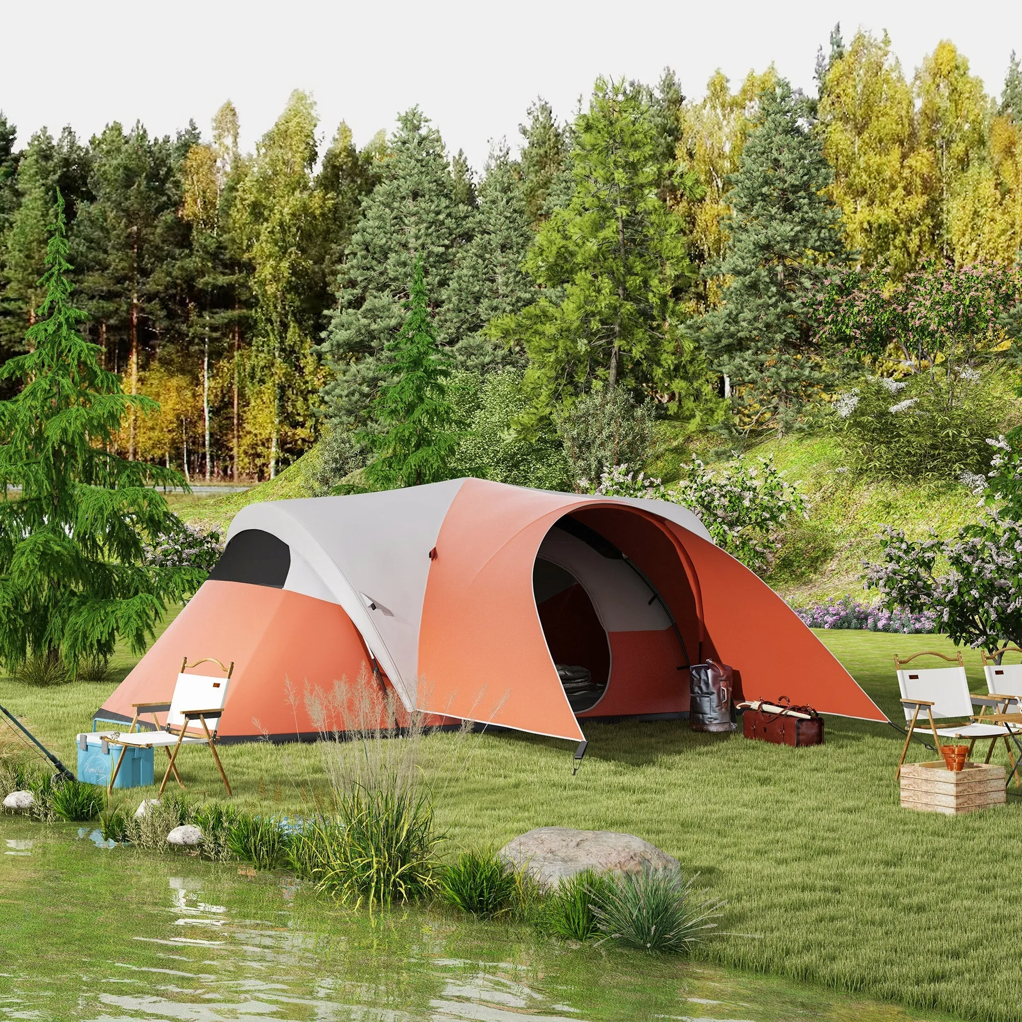 3000mm Waterproof Camping Tent for 5-6 Man Family Tent with Porch and Sewn in Groundsheet Portable with Bag Orange