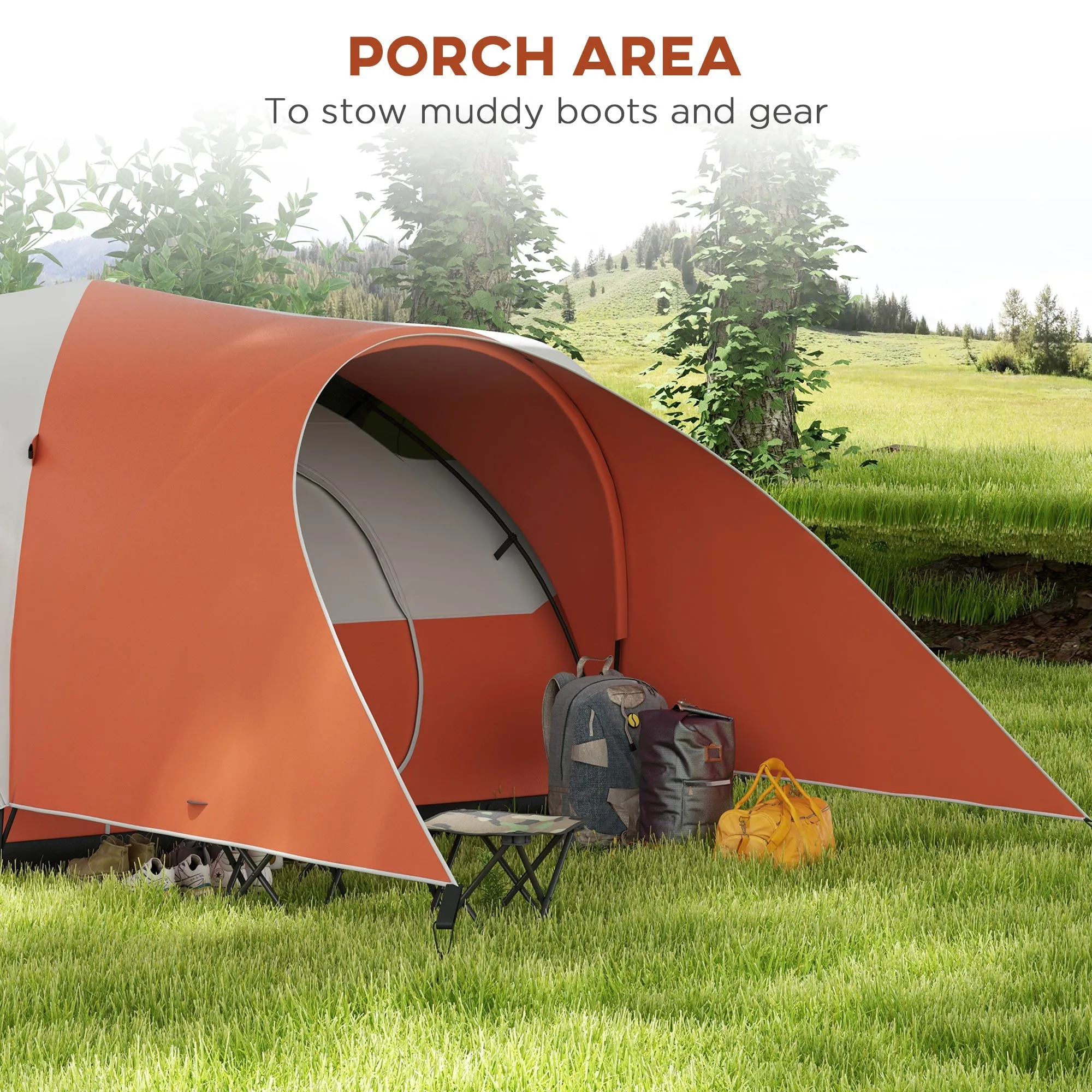 3000mm Waterproof Camping Tent for 5-6 Man Family Tent with Porch and Sewn in Groundsheet Portable with Bag Orange