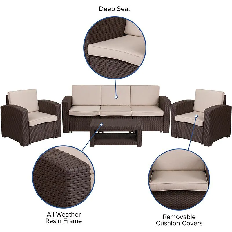 4 Piece Outdoor Faux Rattan Chair, Sofa And Table Set In Chocolate Brown By Flash Furniture