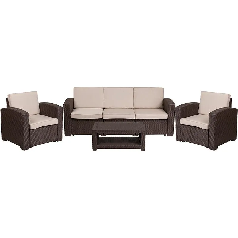 4 Piece Outdoor Faux Rattan Chair, Sofa And Table Set In Chocolate Brown By Flash Furniture