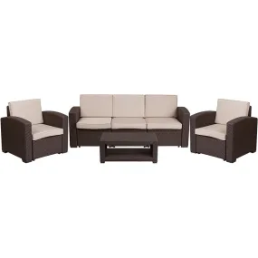 4 Piece Outdoor Faux Rattan Chair, Sofa And Table Set In Chocolate Brown By Flash Furniture