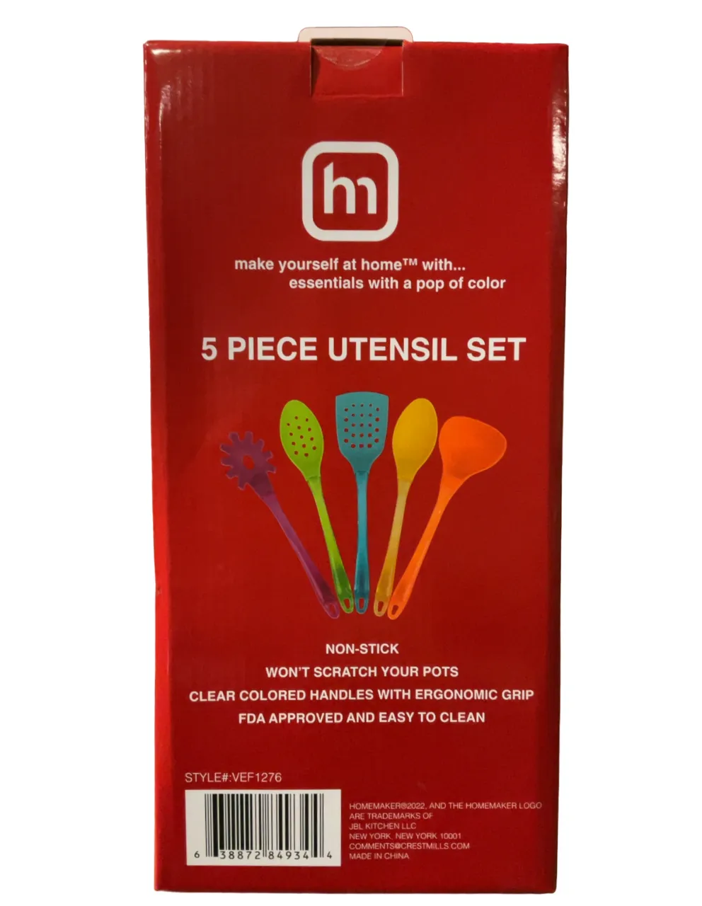 5 Piece Colorful Kitchen Utensil Set, Includes: Ladle, Turner, Spoon, Spaghetti Fork, Strainer