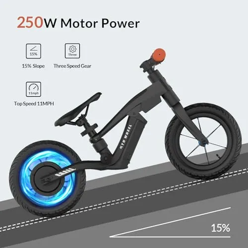 5TH WHEEL K8 Electric Bike for Kids, 250W Electric Balance Bike Ages 3-5 Years Old, Kid Electric Motorcycle with 3 Speed Modes, 12 inch Inflatable Tire and Adjustable Seat