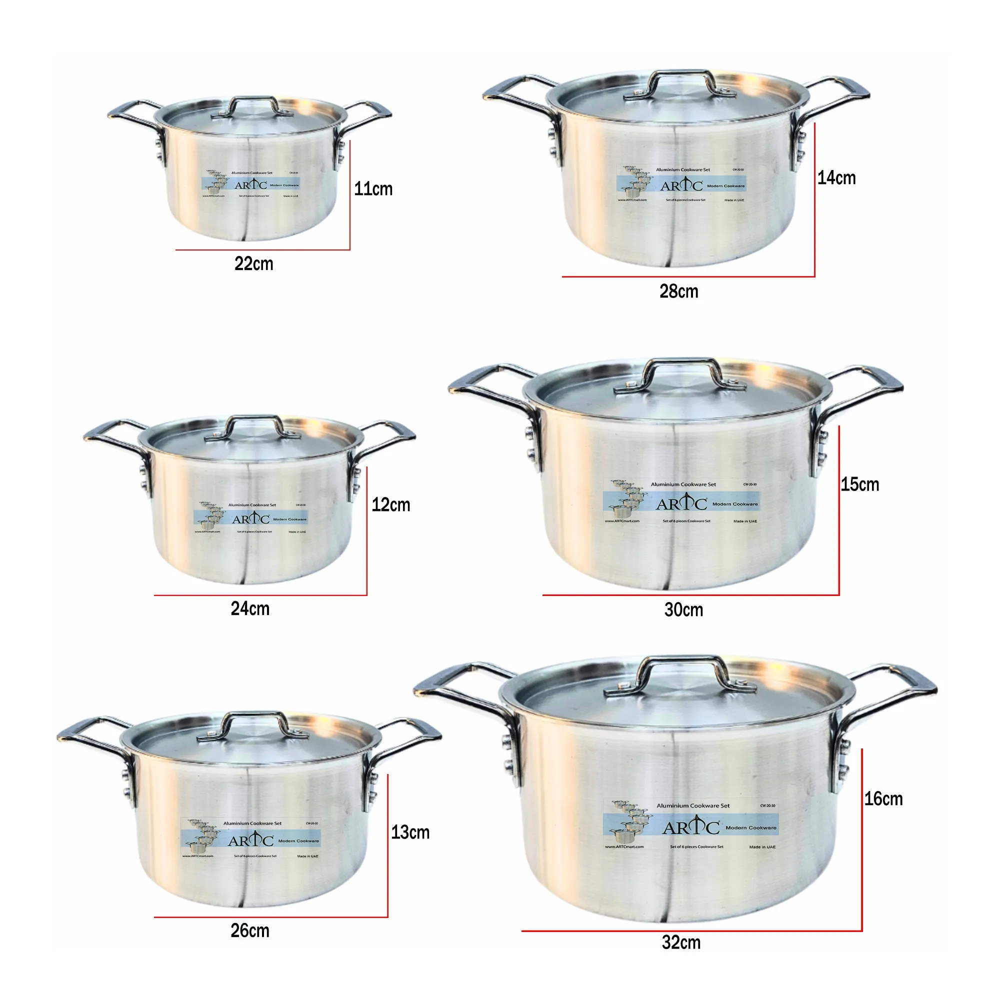 ARTC Aluminum Cooking Pot Set - 6-Piece Casserole Cookware Set with Lids