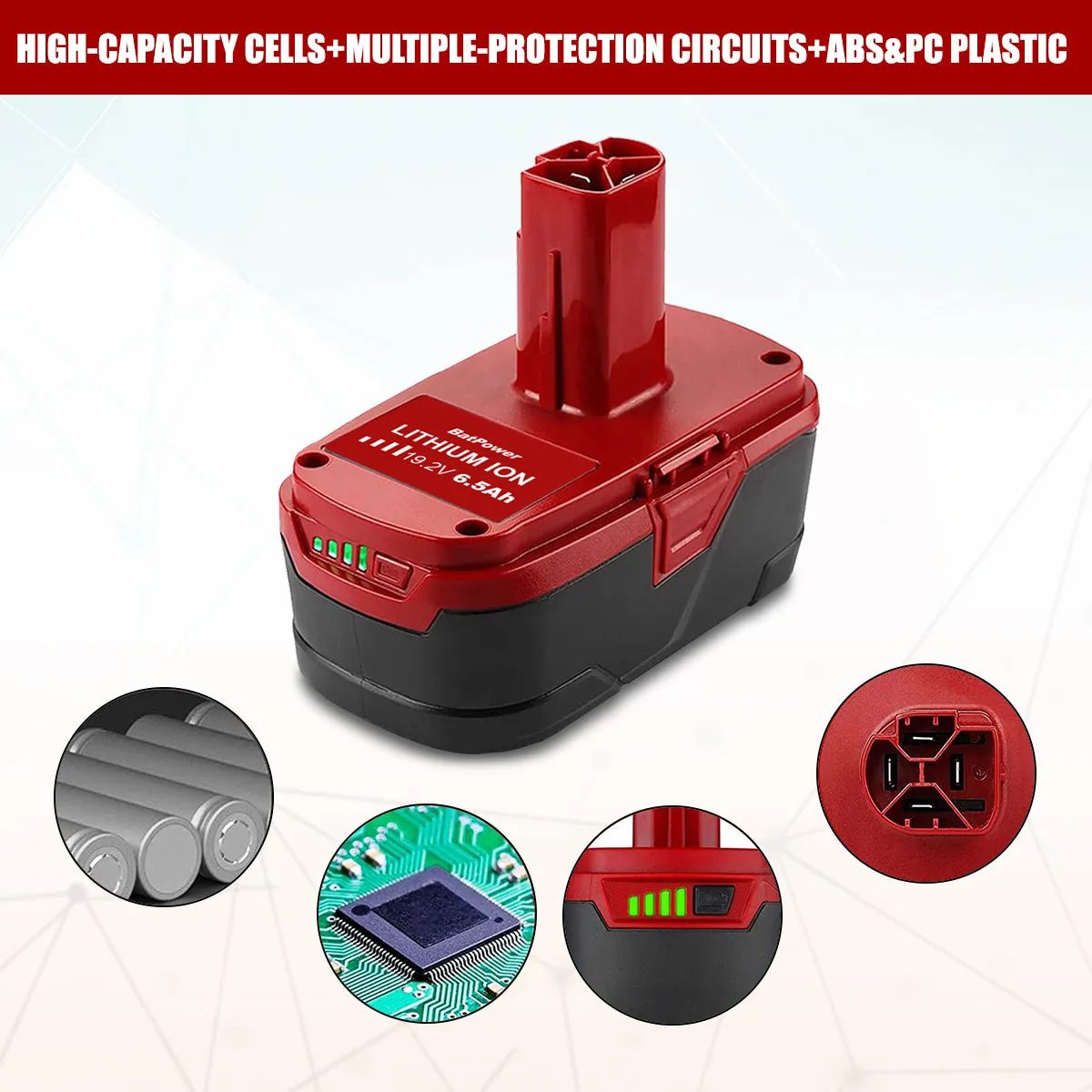 C3 19.2V 6.5Ah High Capacity Lithium ion Battery for CRAFTSMAN 19.2V Battery 4.0Ah 72Wh 315.PP2030 130211030 2.6Ah 48Wh 315.PP2025 130211047 PP2020 PP2011 19.2V XCP C3 Battery