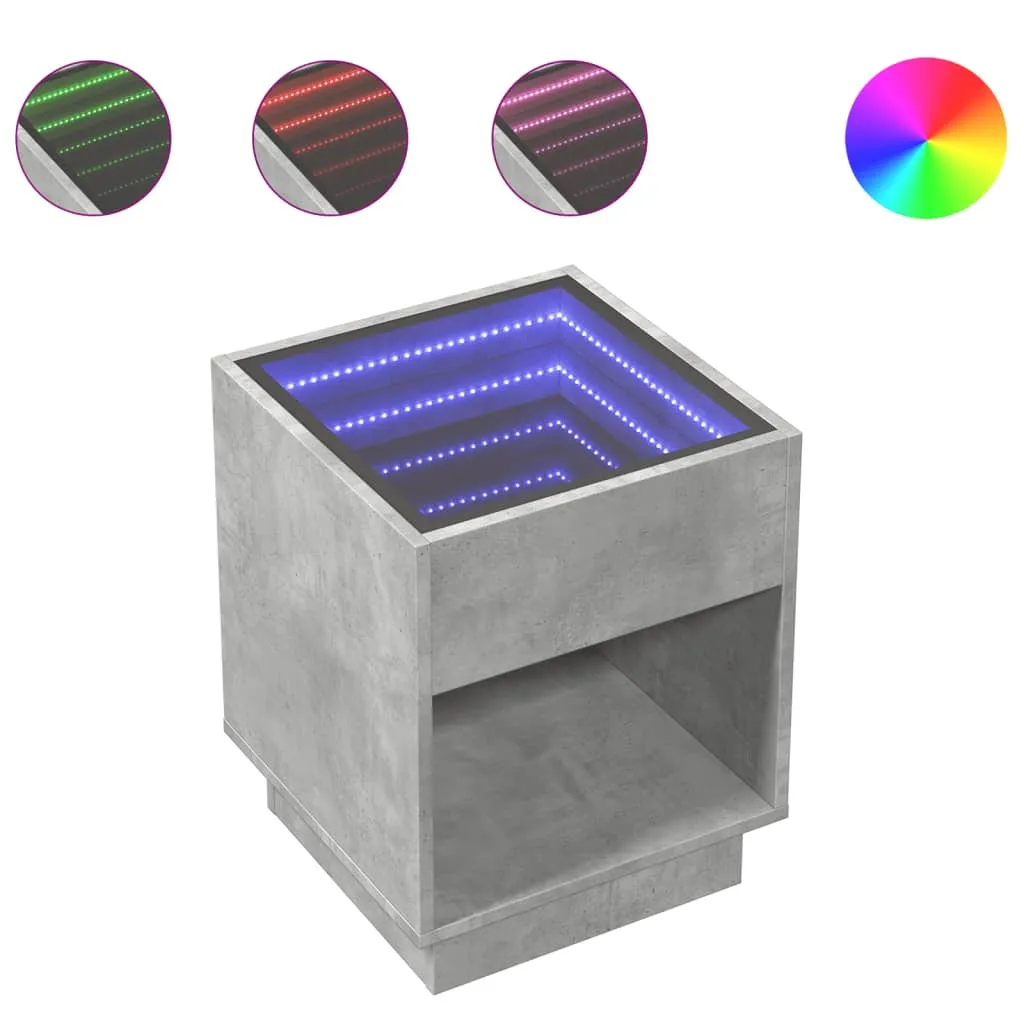 Coffee Table with Infinity LED Concrete Grey 40x40x50 cm