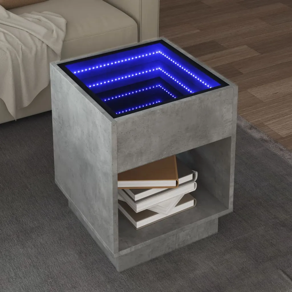 Coffee Table with Infinity LED Concrete Grey 40x40x50 cm