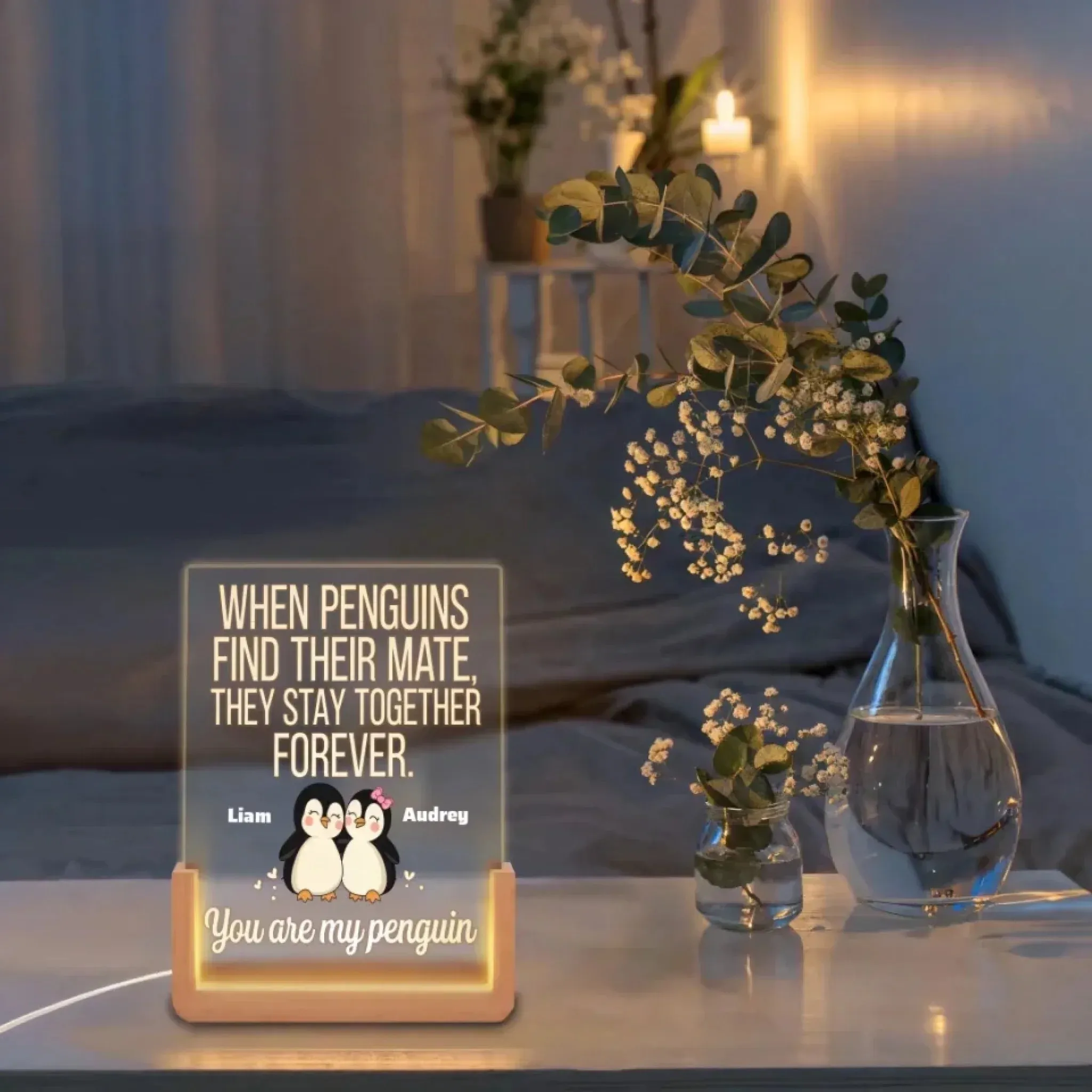 Custom Cute Couple Penguin- LED Acrylic Plaque   748457