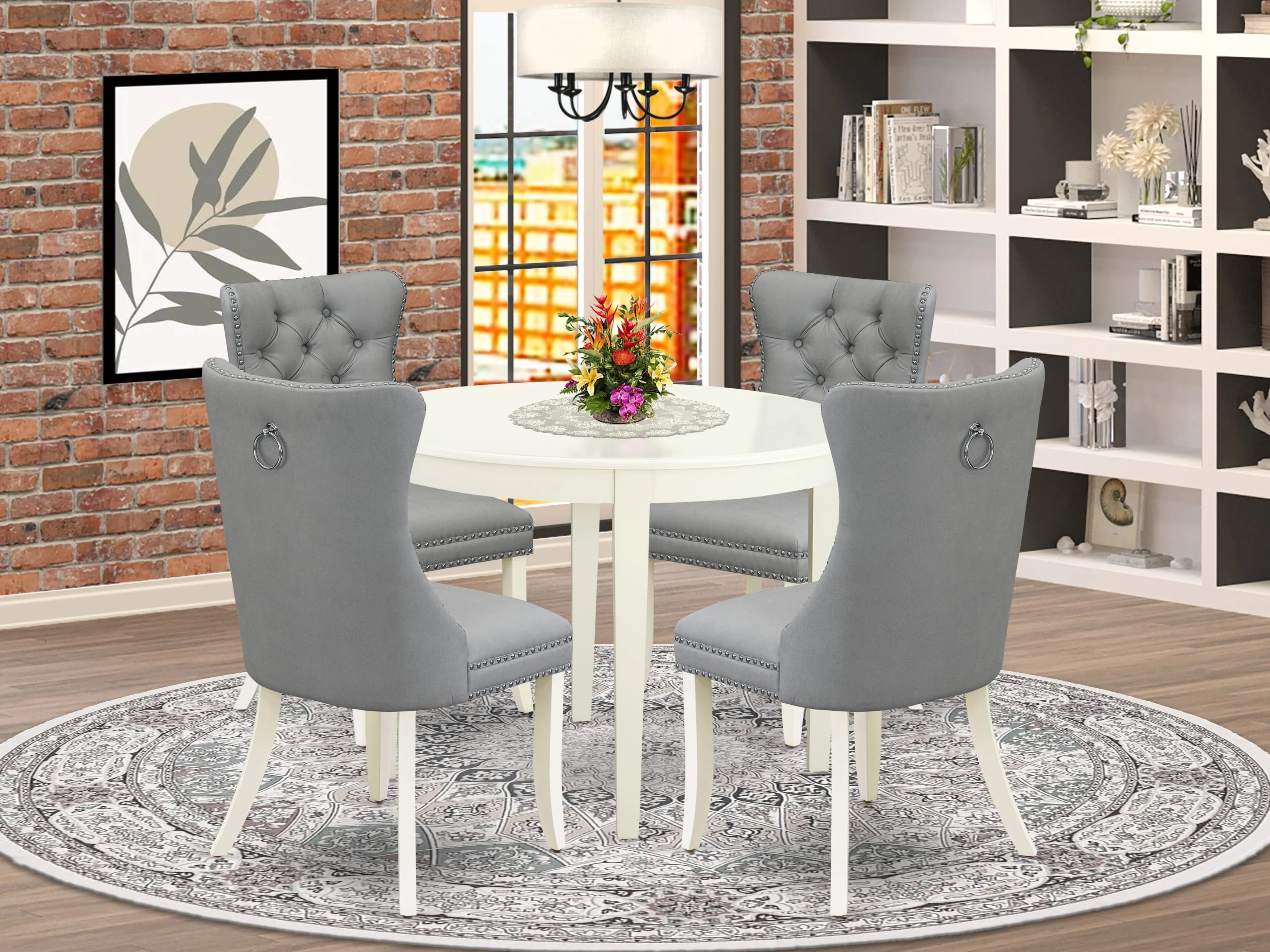 East West Furniture BODA5-WHI-27 5 Piece Dining Room Furniture Set Contains a Round Dining Table and 4 Upholstered Parson Chairs, 42x42 Inch, linen white