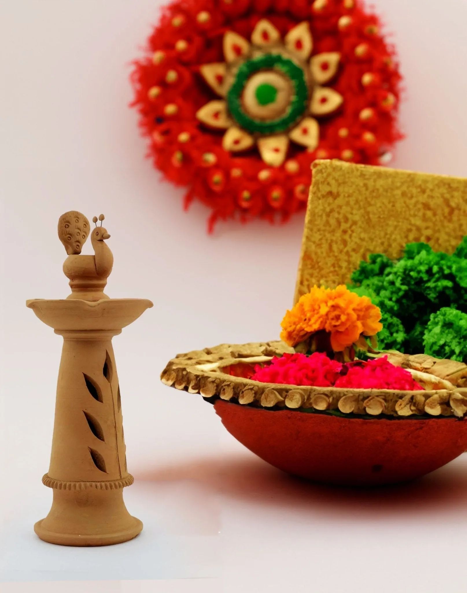 Handmade Peacock Design Terracotta Samai I Oil Lamp