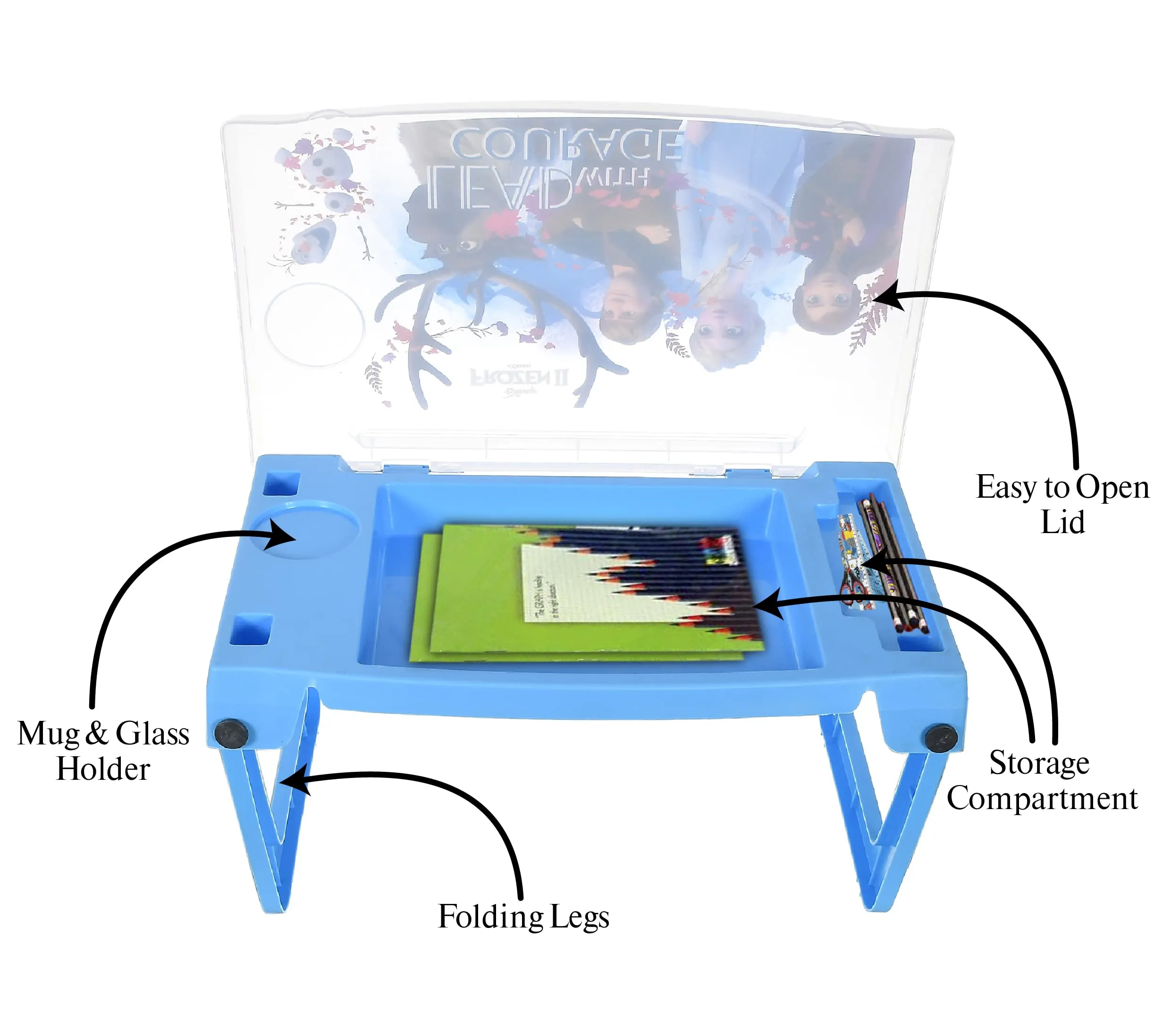Heart Home Multiuses Disney Frozen Print Plastic Study Desk/Laptop Table with Camparment for Home & Office (Blue) 52HH4106