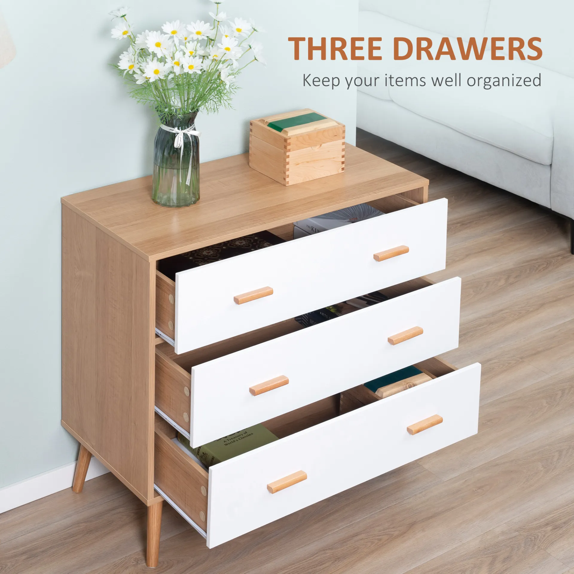 HOMCOM Chest of Drawers with 3 Drawers, White and Natural Bedroom Cabinet | Stylish Storage Organizer for Living Room