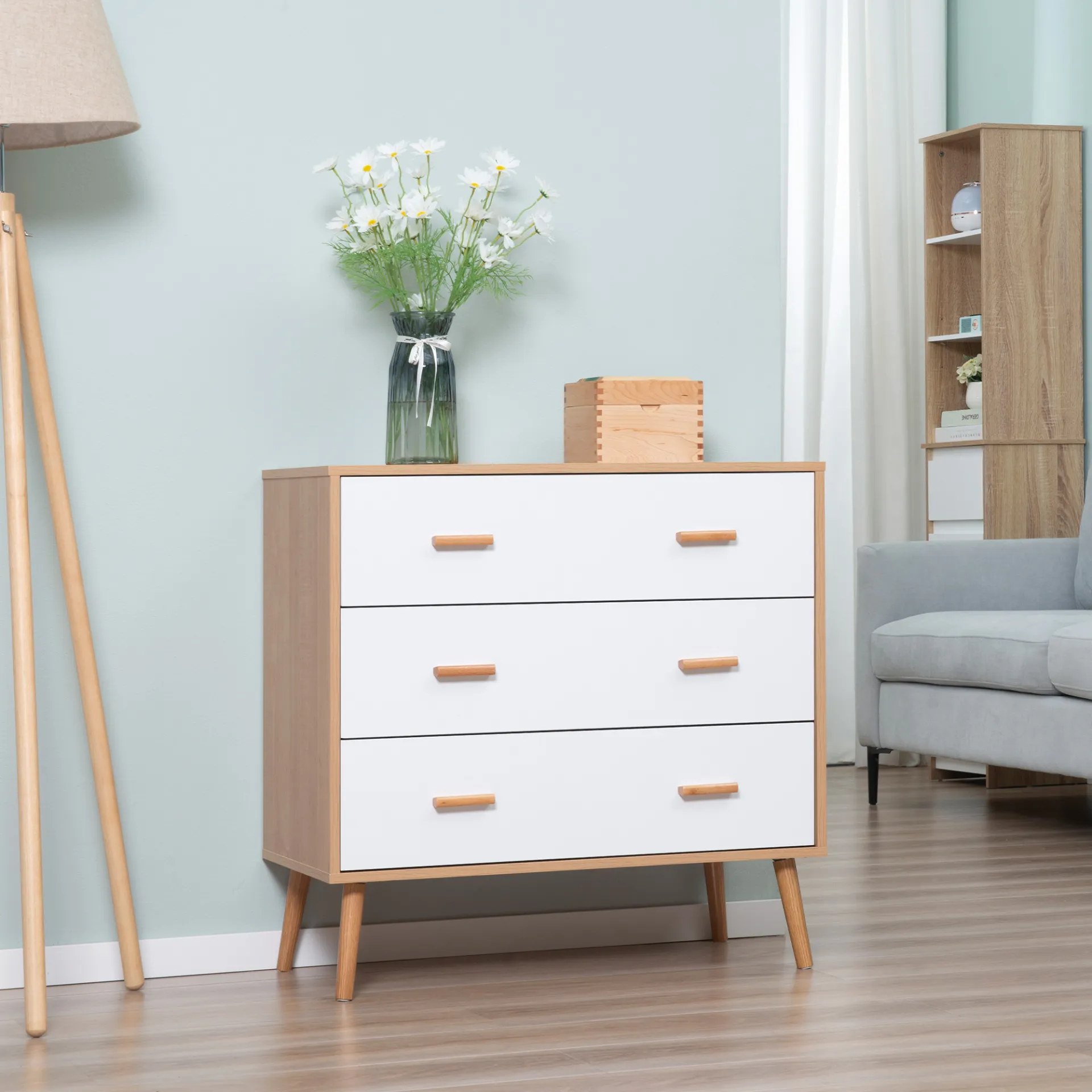 HOMCOM Chest of Drawers with 3 Drawers, White and Natural Bedroom Cabinet | Stylish Storage Organizer for Living Room