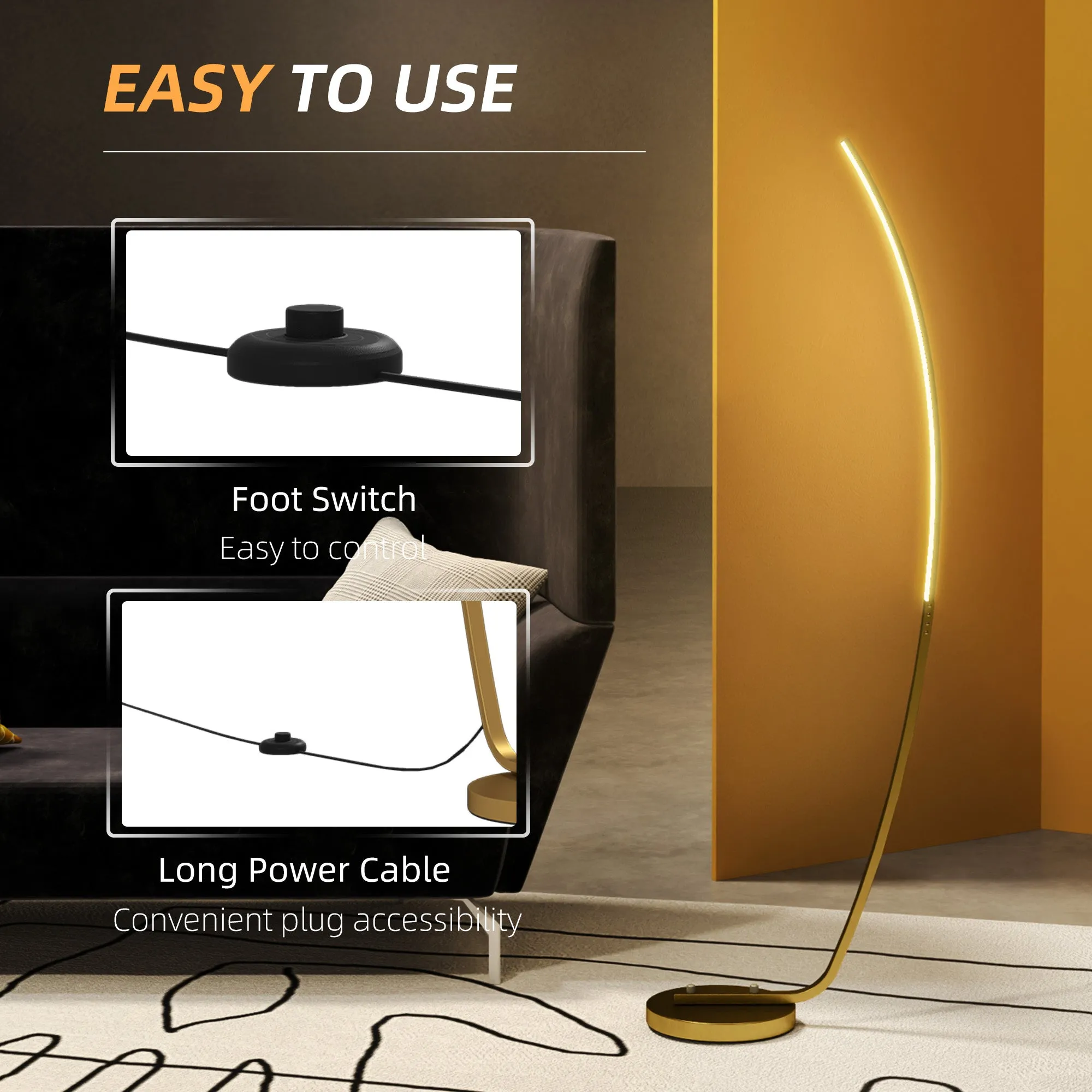 HOMCOM Floor Lamp with LED Strip, Standing Lamp for Living Room, Gold Tone