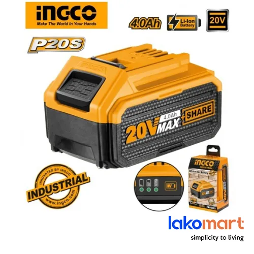 INGCO 20V 2.0Ah LI-ION Lithium-Ion Power Tool Battery Pack - Compatible with All INGCO 20V Power Tools, Charger not included [FBLI2001/ FBLI2002]