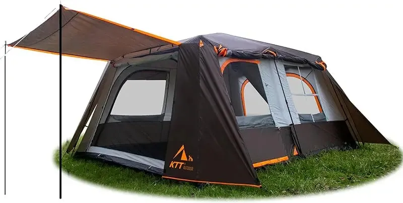 KTT Extra Large Tent 10-12 Person(A),Family Cabin Tents,2 Rooms,3 Doors and 3 Windows with Mesh,Straight Wall,Waterproof,Double