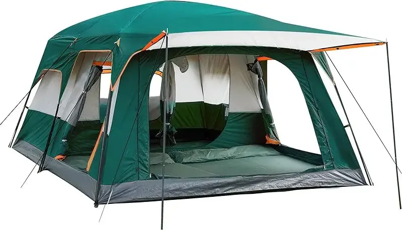 KTT Extra Large Tent 10-12 Person(A),Family Cabin Tents,2 Rooms,3 Doors and 3 Windows with Mesh,Straight Wall,Waterproof,Double