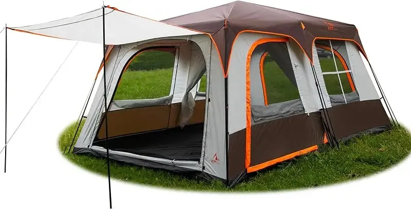 KTT Extra Large Tent 10-12 Person(A),Family Cabin Tents,2 Rooms,3 Doors and 3 Windows with Mesh,Straight Wall,Waterproof,Double
