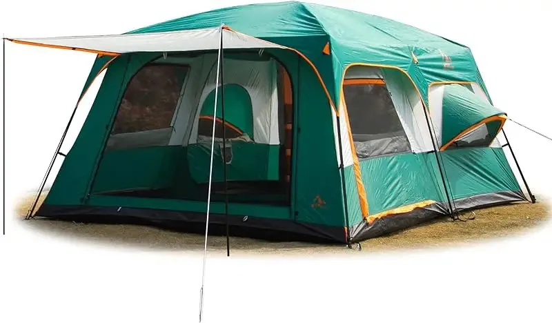 KTT Extra Large Tent 10-12 Person(A),Family Cabin Tents,2 Rooms,3 Doors and 3 Windows with Mesh,Straight Wall,Waterproof,Double