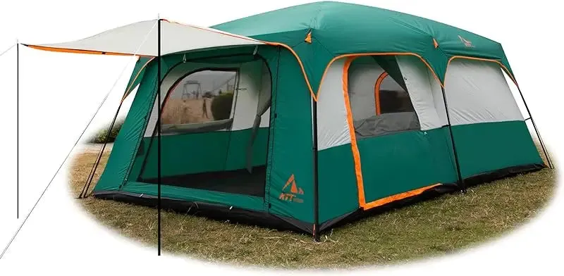 KTT Extra Large Tent 10-12 Person(A),Family Cabin Tents,2 Rooms,3 Doors and 3 Windows with Mesh,Straight Wall,Waterproof,Double
