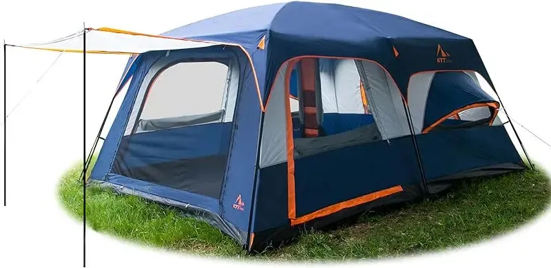 KTT Extra Large Tent 10-12 Person(A),Family Cabin Tents,2 Rooms,3 Doors and 3 Windows with Mesh,Straight Wall,Waterproof,Double