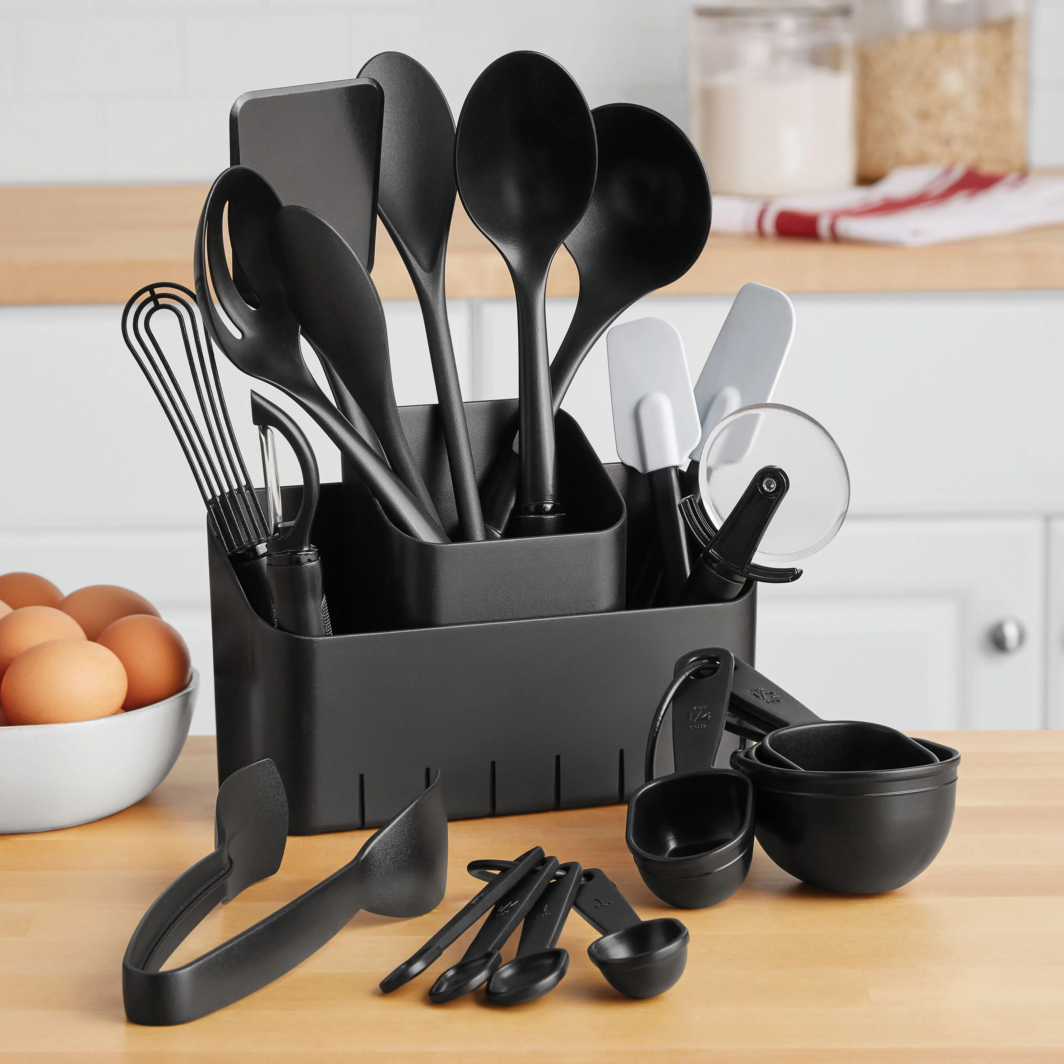 Mainstays Black 21 Piece Kitchen Set, Customizable 2-Piece Caddy Set, Heat Resistant to 450 Degrees F