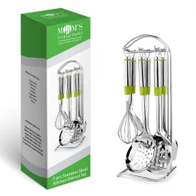 Mom's Cooking Outlet Stainless Steel Kitchen Utensil Set - Eco Friendly Cookware w/ Holder Stand - Sleek Modern Look w/ Comfort Grip - Smooth Mirror Polishing - High Temperature Resistant - 7pcs