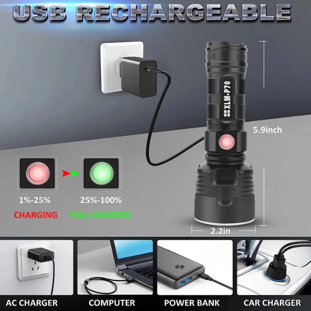 P70 Super Bright Flashlight  High Power LED CampingEmergency Light USB Rechargeable Torch Waterproof Light  Long Battery Life