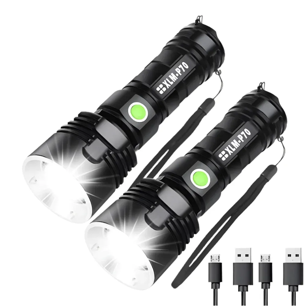 P70 Super Bright Flashlight  High Power LED CampingEmergency Light USB Rechargeable Torch Waterproof Light  Long Battery Life
