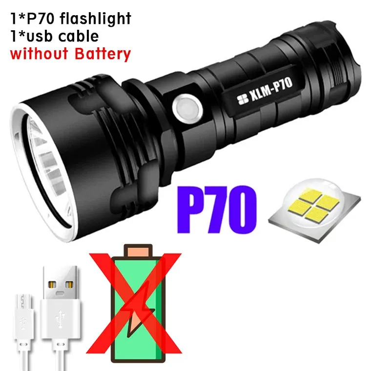 P70 Super Bright Flashlight  High Power LED CampingEmergency Light USB Rechargeable Torch Waterproof Light  Long Battery Life