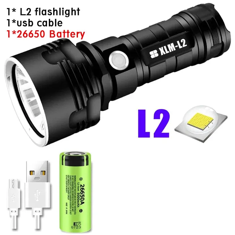 P70 Super Bright Flashlight  High Power LED CampingEmergency Light USB Rechargeable Torch Waterproof Light  Long Battery Life