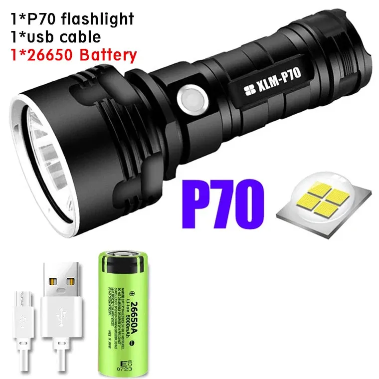 P70 Super Bright Flashlight  High Power LED CampingEmergency Light USB Rechargeable Torch Waterproof Light  Long Battery Life