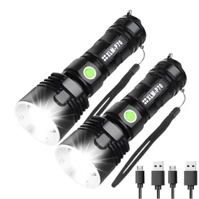 P70 Super Bright Flashlight  High Power LED CampingEmergency Light USB Rechargeable Torch Waterproof Light  Long Battery Life