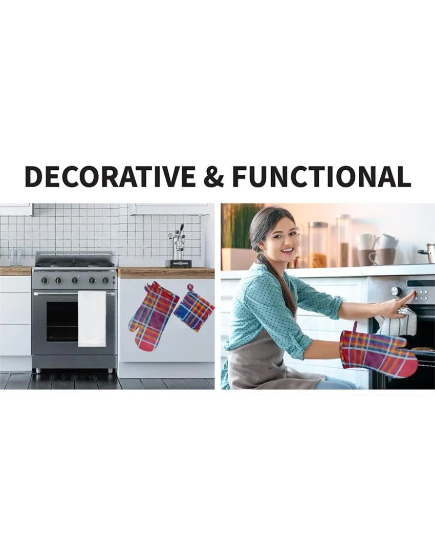 Solid Checks Cotton Oven Mitten & Pot Holders Set